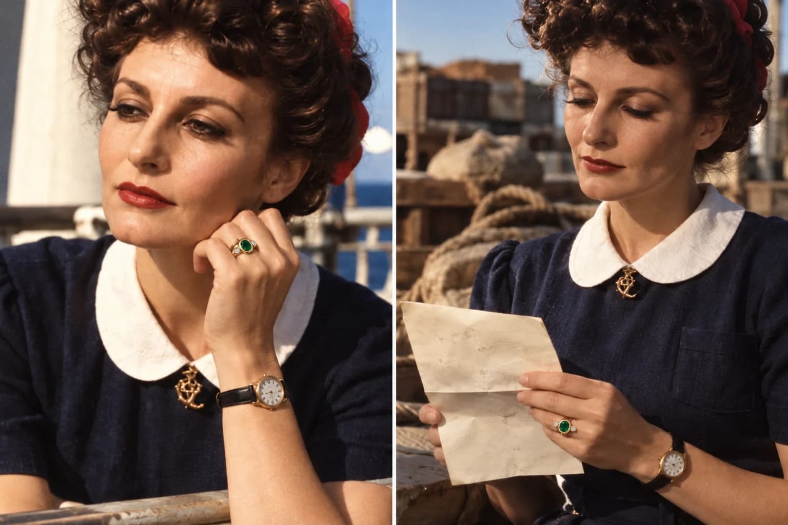 A reconstruction, in colour, in two halves: Elizabeth Fowler on deck in her dark blue linen dress, resting her chin on her hand with her green ring and gold Rolex showing, and reading a folded letter among the ropes and crates