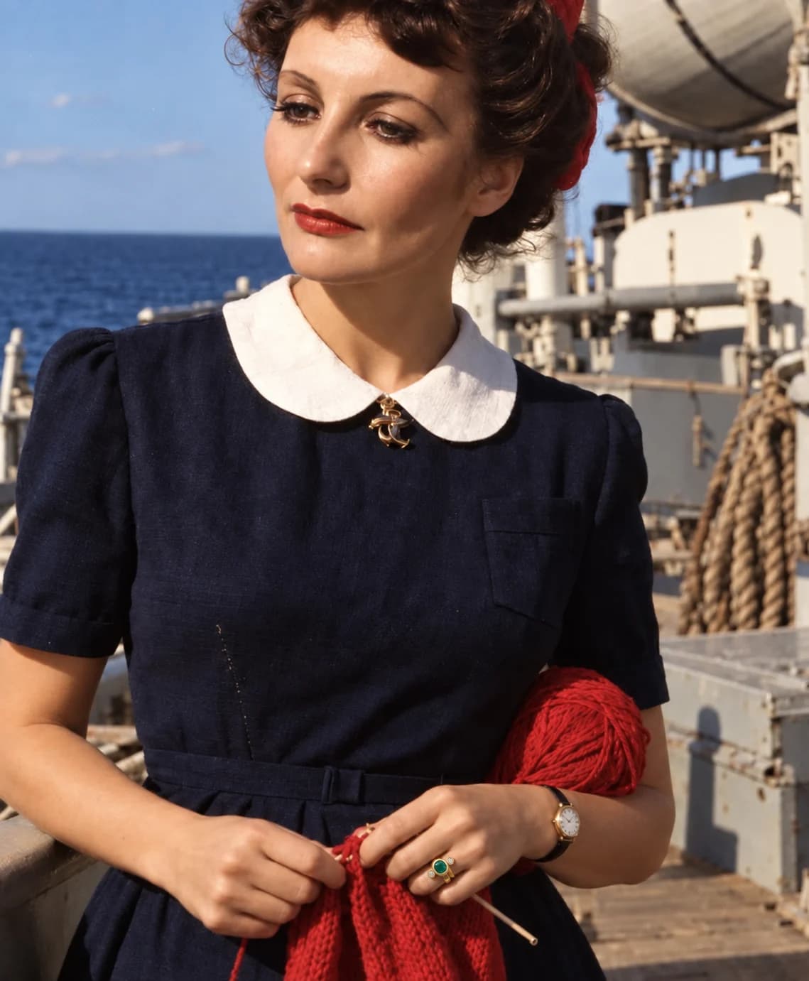 A reconstruction, in colour: Elizabeth Fowler on the deck of the West Kebar in her dark blue linen dress with a white collar and an anchor brooch, knitting red wool, a gold watch on her wrist and a green ring on her finger