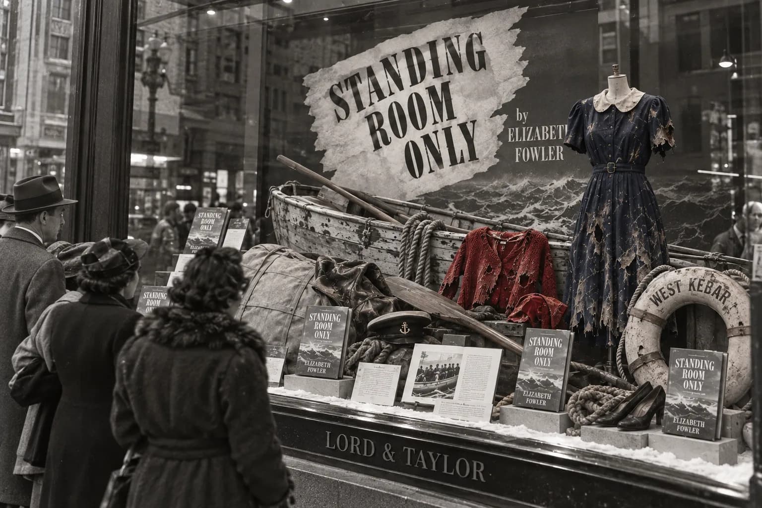 A reconstruction: close up on the Lord and Taylor window, the torn and stained navy linen dress with its white collar on a dress form, the ragged scarlet jacket, the lifeboat, a West Kebar lifebuoy and copies of Standing Room Only