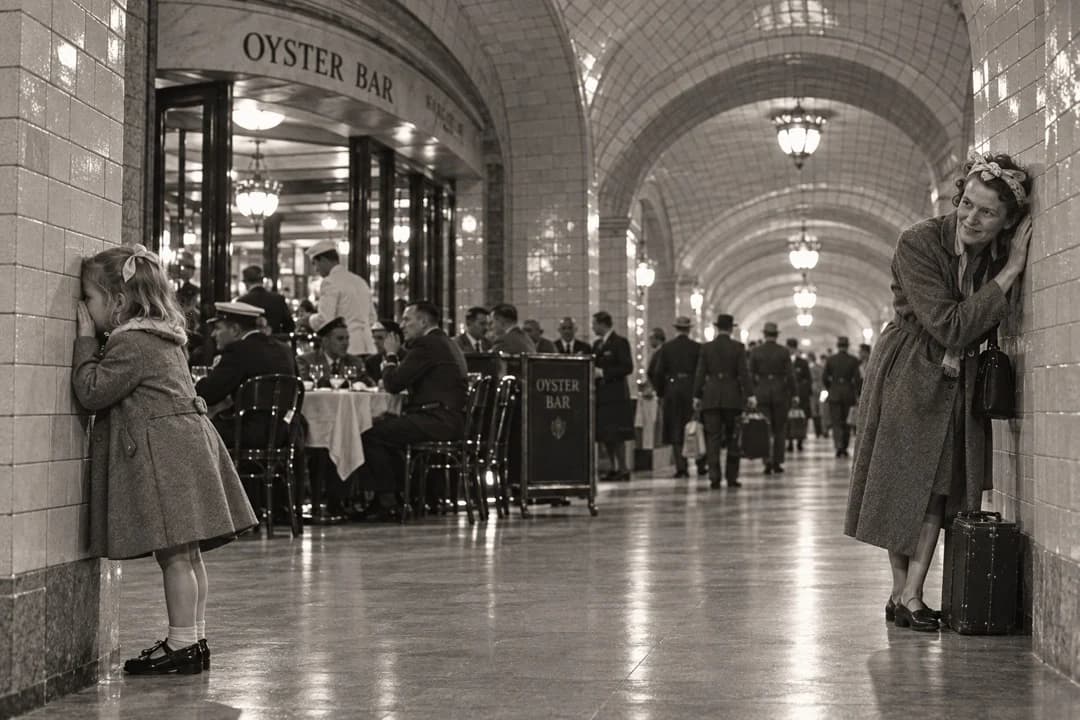 A reconstruction: outside the Oyster Bar under the tiled arches of Grand Central, a small girl stands with her face to the tiles in one corner while Elizabeth Fowler leans to the wall in the far corner, whispering