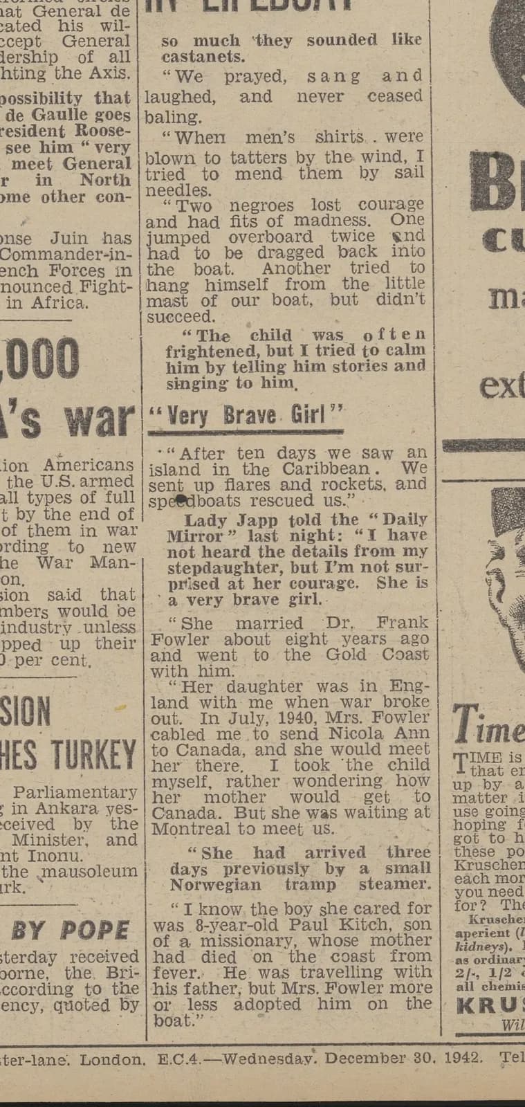 The Daily Mirror, 30 December 1942, page 8, continuing the report
