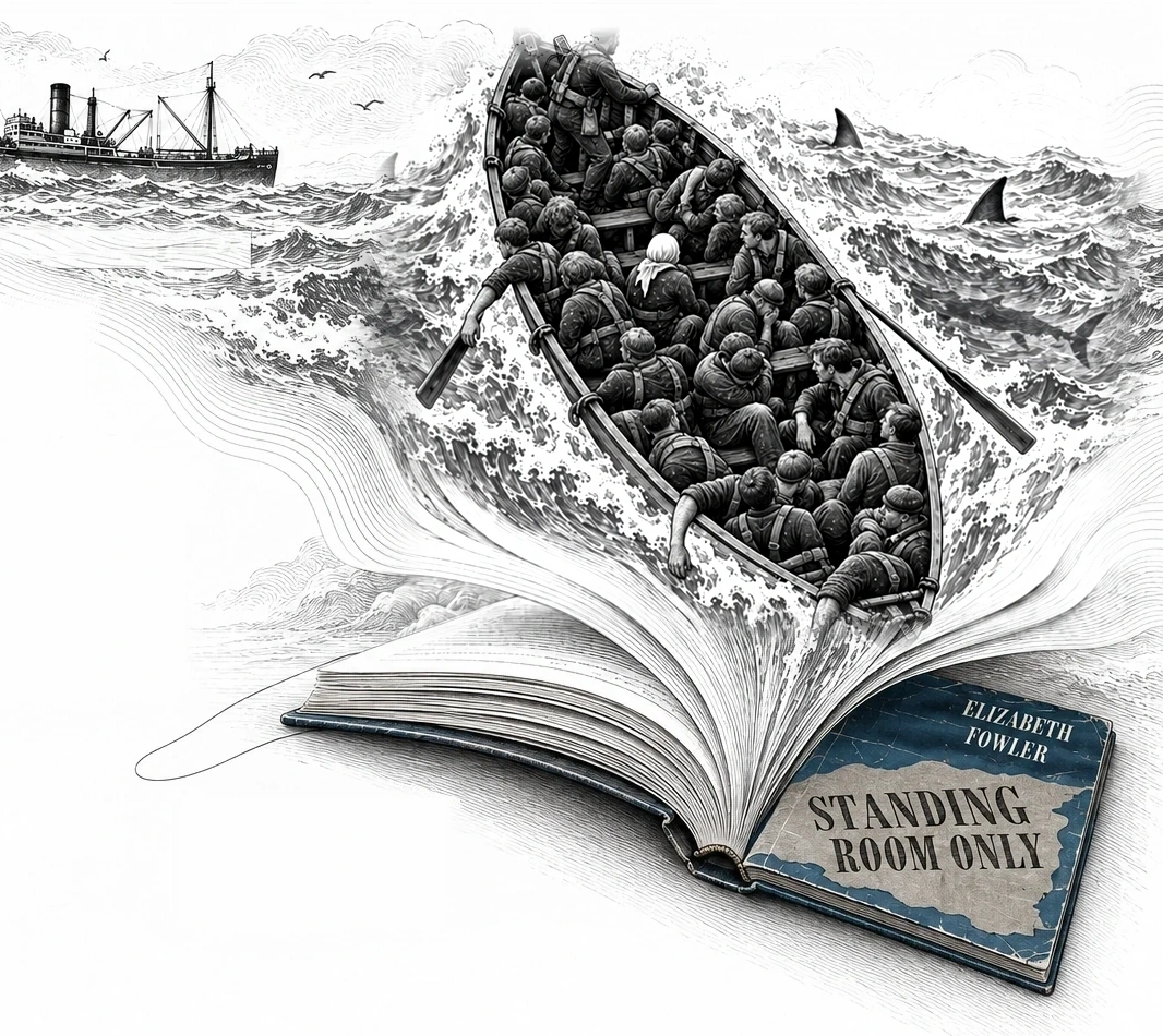 Engraved illustration: the freighter West Kebar on the horizon, a crowded lifeboat riding a heavy sea, and the sea running into the pages of an open copy of Standing Room Only. An artist’s interpretation.